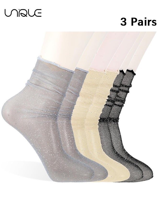 Unique 3 Pairs Women's Sheer Glitter Socks, Slouch Tulle Decorated Socks with Sparkly Mesh Lace, Ankle Ruffle Socks, Sheer Loose Crew Socks, Shiny Slouch Socks for Women - Image 1