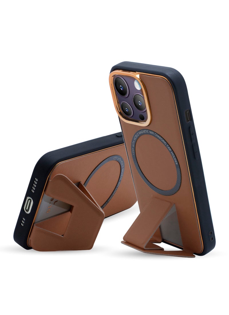 OLYNO - MagnaLux iPhone 14 Pro Luxury Leather Back Case Cover With MagSafe Wireless Charging And Kickstand Brown Color - Image 1