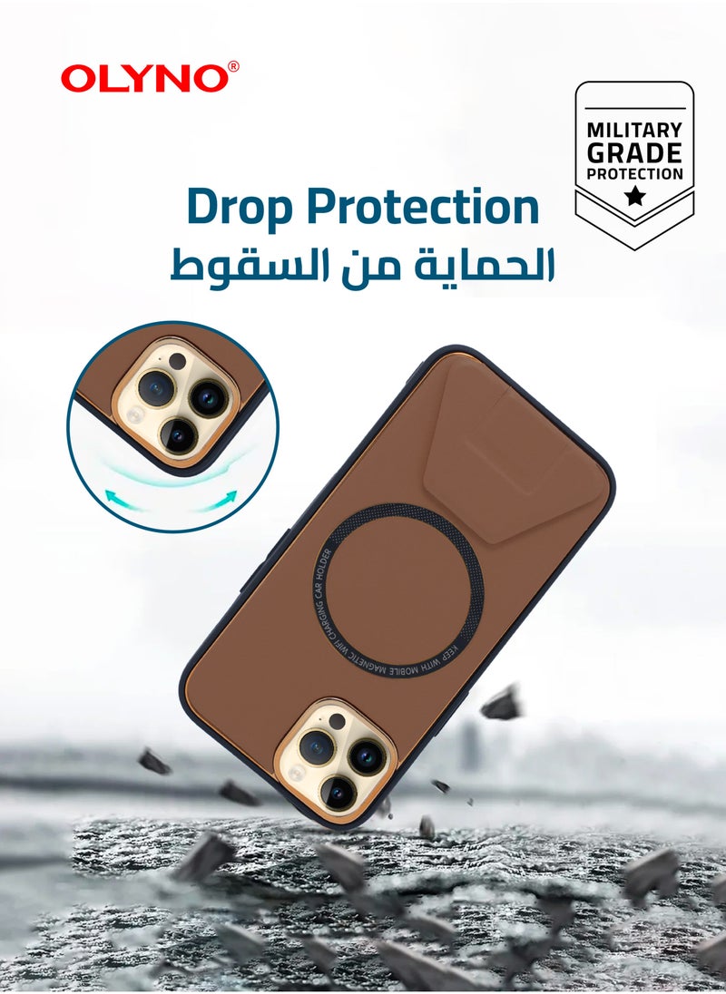 OLYNO - MagnaLux iPhone 14 Pro Luxury Leather Back Case Cover With MagSafe Wireless Charging And Kickstand Brown Color - Image 1