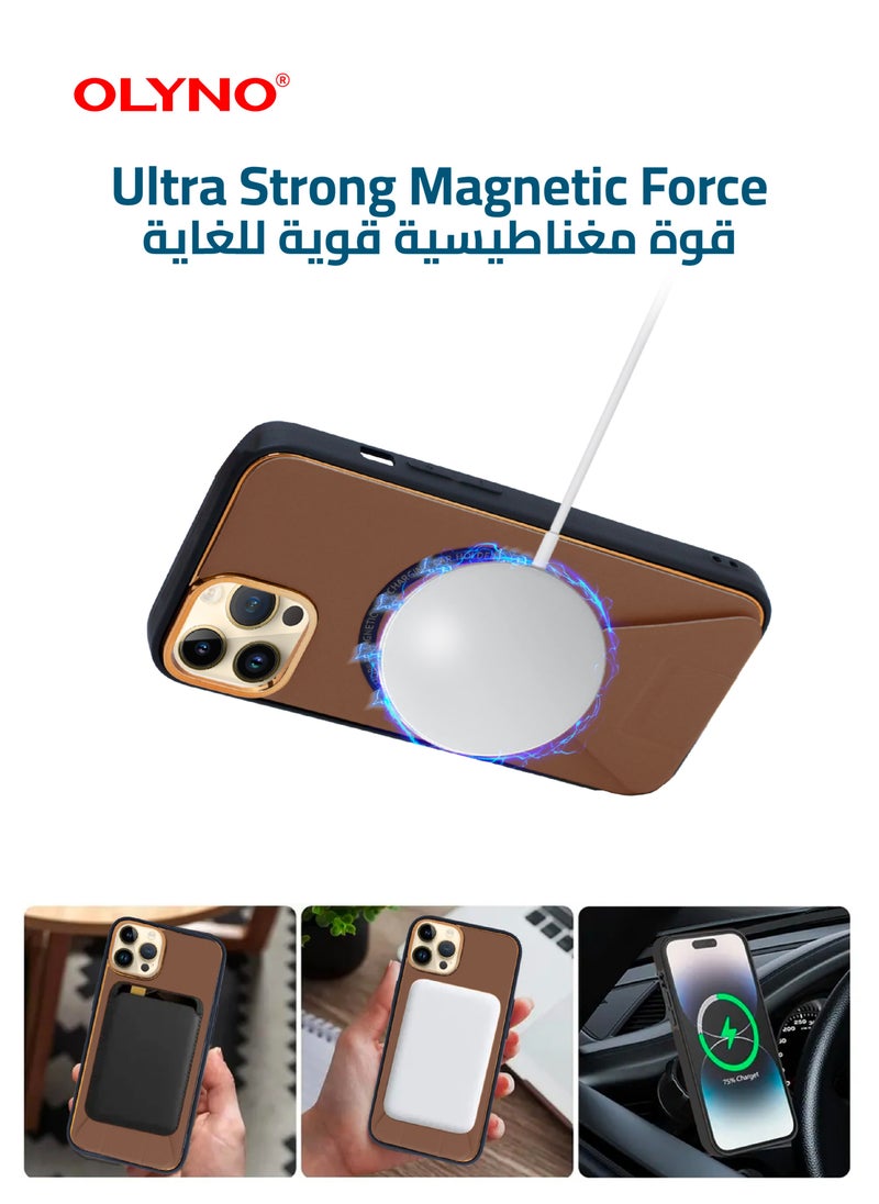 OLYNO - MagnaLux iPhone 14 Pro Luxury Leather Back Case Cover With MagSafe Wireless Charging And Kickstand Brown Color - Image 1