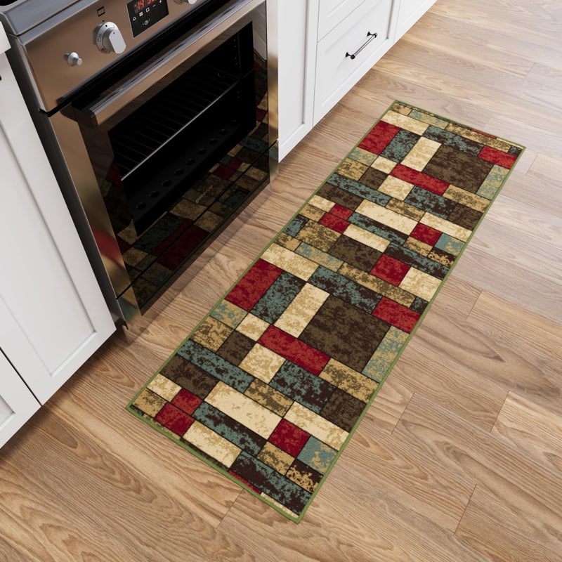Ottomanson Ottomanson Hallway Runner Rug 20 x 59 Non Slip Boxes Area Rugs Easy to Clean Laundry Rug Runner Durable  Pet Friendly Floor Carpet Runners for Hallways Entryway Living Room Kitchen Multicolor