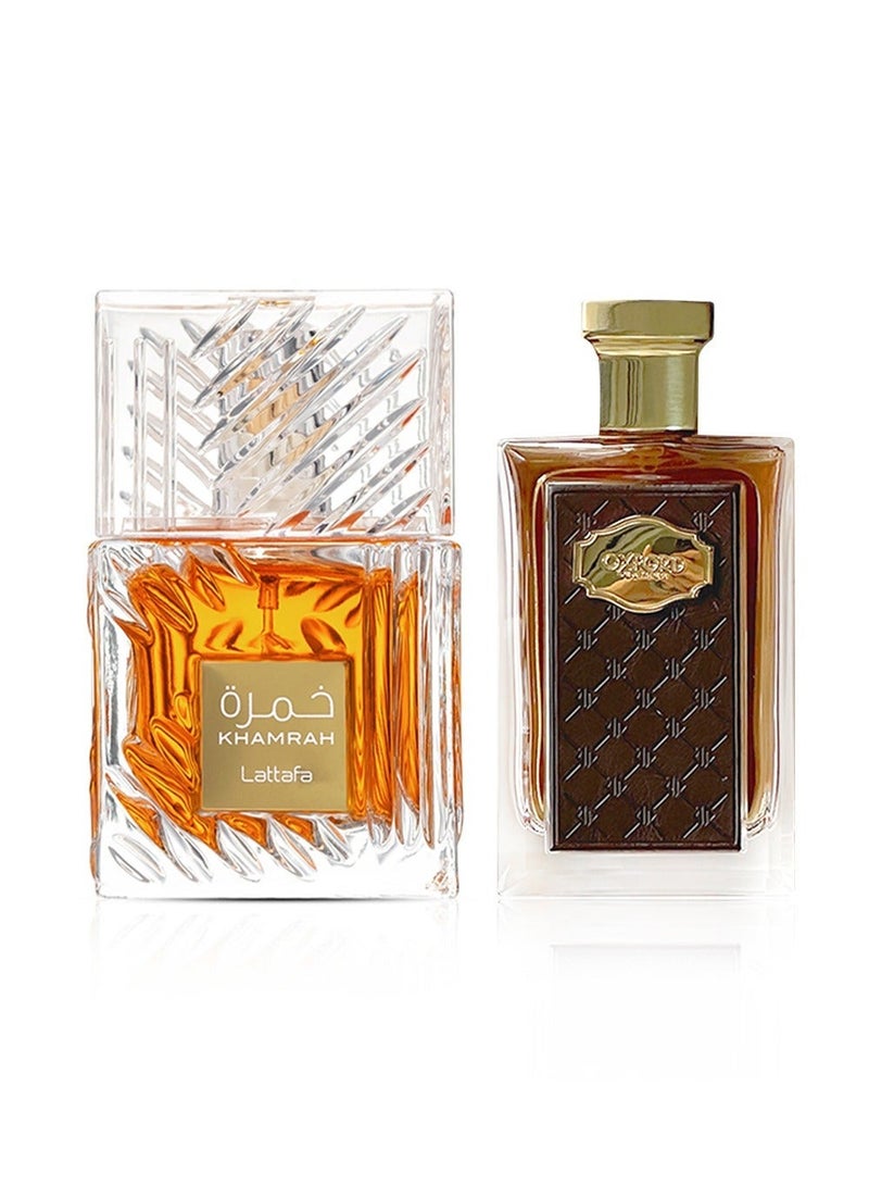 Lattafa Khamrah Unisex Long Lasting Arabic Perfume 100ml & Luxury Oxford Leather Perfume for Men 100ml | Long Lasting Perfumes with Woody & Amber Notes | Eau De Parfum Premium Perfumes Bundle - Image 1