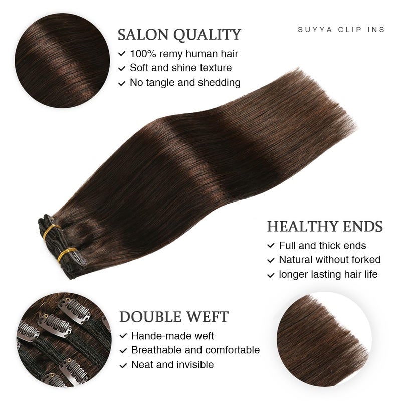 SUYYA Real Human Hair Clip in Extensions - Straight, Double Weft, 7pcs 120g (16 inches #2 Darkest Brown) - Image 3