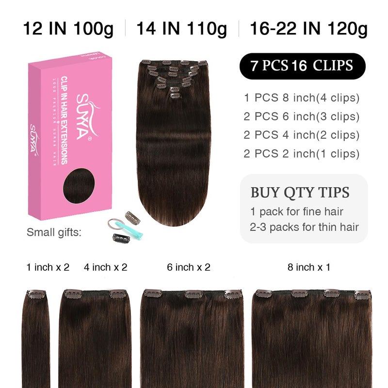 SUYYA Real Human Hair Clip in Extensions - Straight, Double Weft, 7pcs 120g (16 inches #2 Darkest Brown) - Image 2