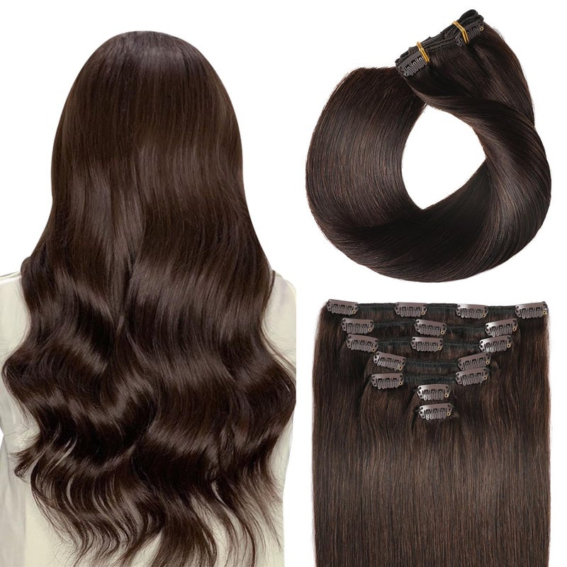 SUYYA Real Human Hair Clip in Extensions - Straight, Double Weft, 7pcs 120g (16 inches #2 Darkest Brown) - Image 1