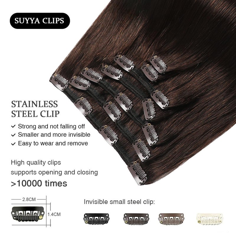 SUYYA Real Human Hair Clip in Extensions - Straight, Double Weft, 7pcs 120g (16 inches #2 Darkest Brown) - Image 4