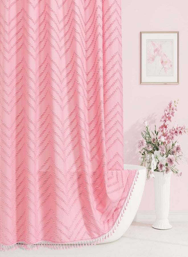 Craidlela Boho Farmhouse Woven Fabric Shower Curtain, Pink Tufted Chevron Stripes Textured Minimalist Design with Tassels Bathroom Decor Curtain for Home or Hotel, 72 x 72 - Image 1