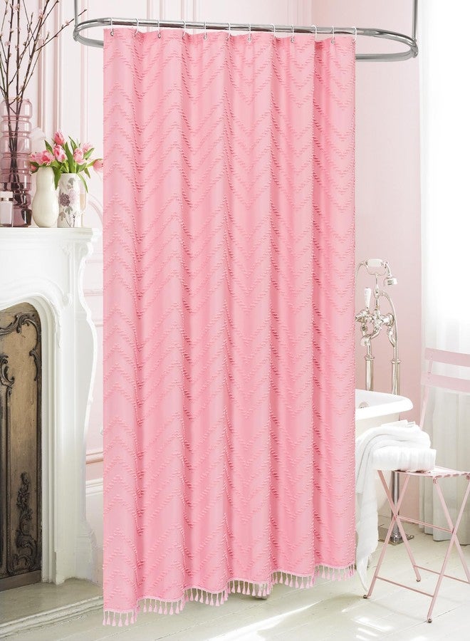 Craidlela Boho Farmhouse Woven Fabric Shower Curtain, Pink Tufted Chevron Stripes Textured Minimalist Design with Tassels Bathroom Decor Curtain for Home or Hotel, 72 x 72 - Image 5
