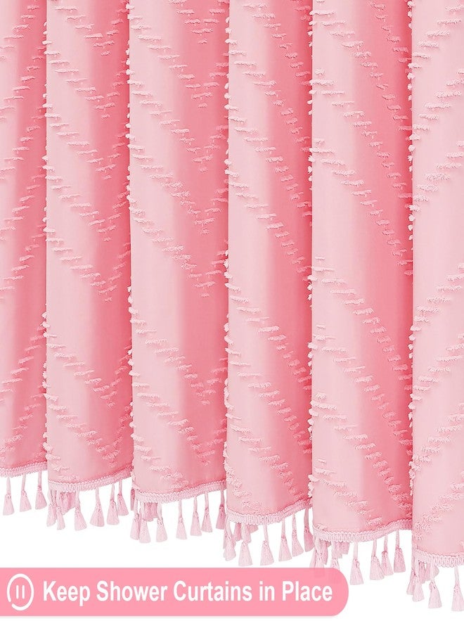 Craidlela Boho Farmhouse Woven Fabric Shower Curtain, Pink Tufted Chevron Stripes Textured Minimalist Design with Tassels Bathroom Decor Curtain for Home or Hotel, 72 x 72 - Image 3