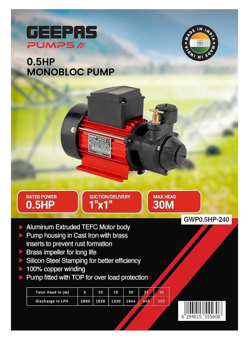 GEEPAS Geepas 0.5 HP Monobloc Pump- GWP0.5HP-240| Premium-Quality Construction, Suction/Delivery - 1" x 1"|, Perfect for Domestic Water Supply, Irrigation, Water Circulation System, Etc| Black - Image 5