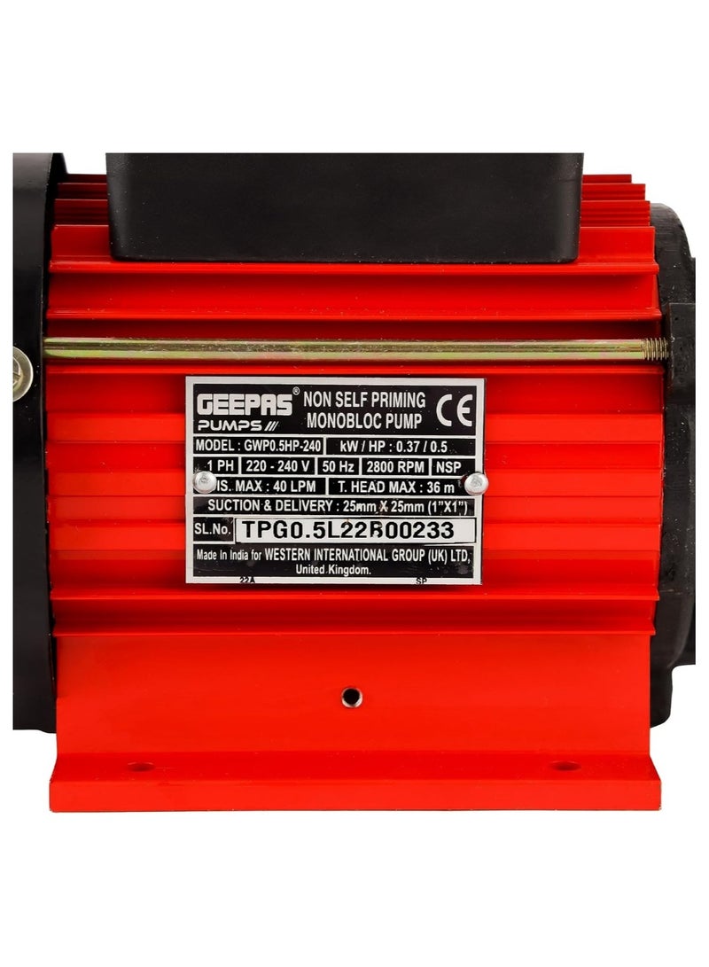 GEEPAS Geepas 0.5 HP Monobloc Pump- GWP0.5HP-240| Premium-Quality Construction, Suction/Delivery - 1" x 1"|, Perfect for Domestic Water Supply, Irrigation, Water Circulation System, Etc| Black - Image 4