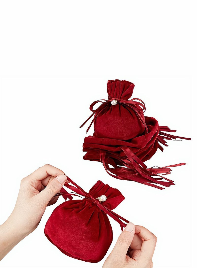 XiuWoo Velvet Bags, Round Bottom Drawstring Cloth Gift Pouches Jewelry Candy Bags with Imitation Pearl Charm for Wedding Birthday Party Favors, 12 Pcs, Dark Red, 13.2 x 14 cm - Image 1