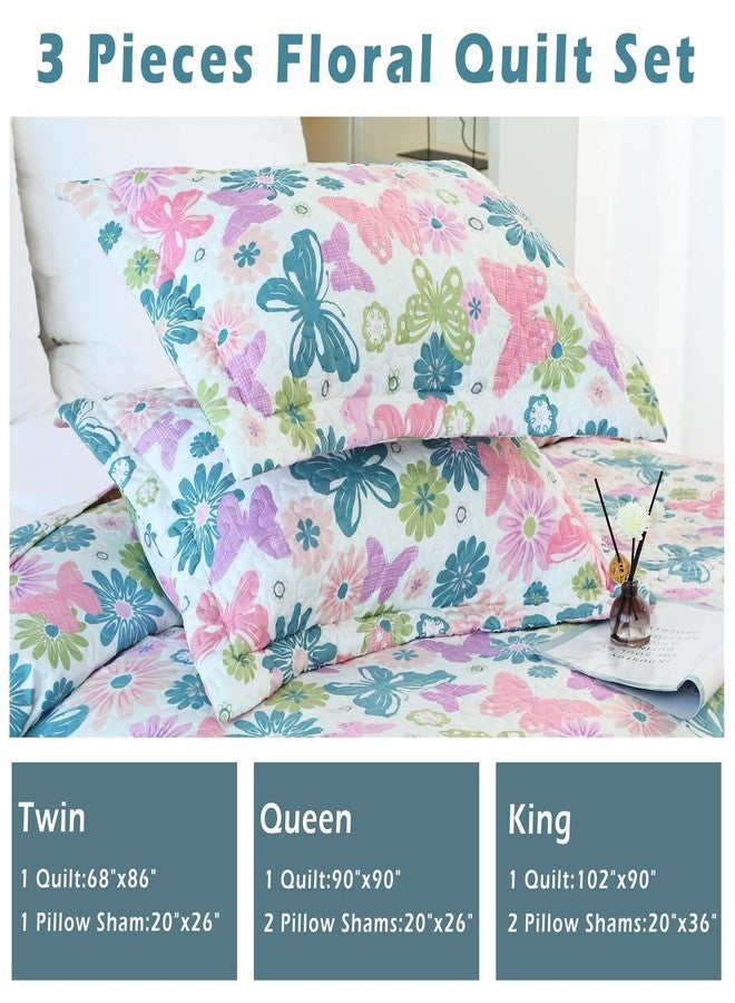 Cmfshape Romantic Pink&Blue Quilt Set Queen Size,Reversible Bedspread Coverlet 3-Piece,Floral Bed Cover Set with Pillow Shams,Lightweight Microfiber Bedding Set for All Season (Pink&Blue,90x90) - Image 4