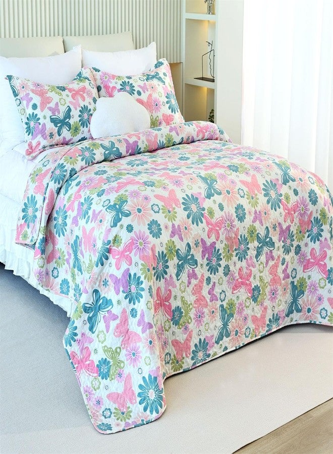 Cmfshape Romantic Pink&Blue Quilt Set Queen Size,Reversible Bedspread Coverlet 3-Piece,Floral Bed Cover Set with Pillow Shams,Lightweight Microfiber Bedding Set for All Season (Pink&Blue,90x90) - Image 2