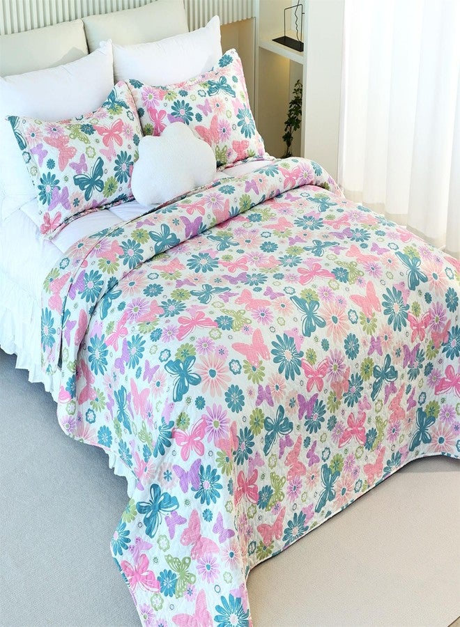Cmfshape Romantic Pink&Blue Quilt Set Queen Size,Reversible Bedspread Coverlet 3-Piece,Floral Bed Cover Set with Pillow Shams,Lightweight Microfiber Bedding Set for All Season (Pink&Blue,90x90) - Image 3