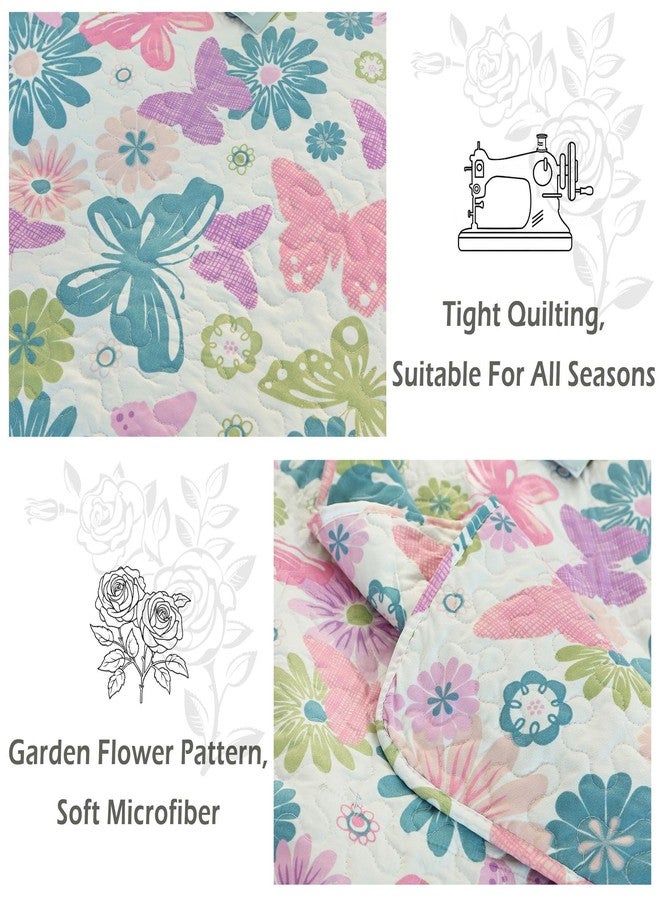 Cmfshape Romantic Pink&Blue Quilt Set Queen Size,Reversible Bedspread Coverlet 3-Piece,Floral Bed Cover Set with Pillow Shams,Lightweight Microfiber Bedding Set for All Season (Pink&Blue,90x90) - Image 5