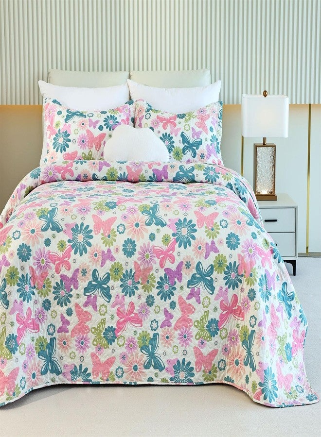 Cmfshape Romantic Pink&Blue Quilt Set Queen Size,Reversible Bedspread Coverlet 3-Piece,Floral Bed Cover Set with Pillow Shams,Lightweight Microfiber Bedding Set for All Season (Pink&Blue,90x90) - Image 1