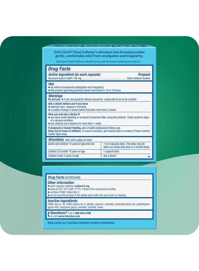 DULCOLAX Stool Softener Laxative Liquid Gel Capsules, Gentle Constipation Relief for Hard, Dry Stools, Docusate Sodium 100 mg, 50 Count - Image 3