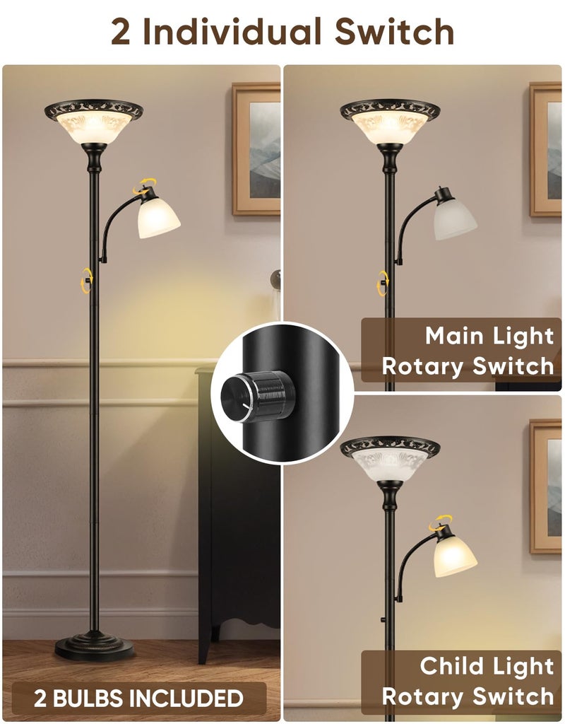 PARTPHONER Torchiere Floor Lamps for Living Room, 71" Tall Standing Lamp with Thick Glass Shade, Metal Pole & Heavy Base, Vintage Corner Lamp with Reading Light Home Decor for Bedroom Office, 3CCT Bulb Included - Image 5