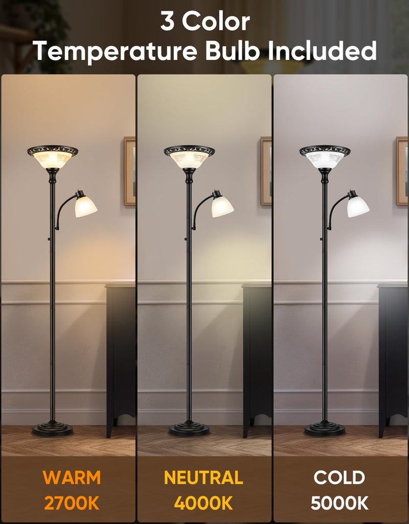 PARTPHONER Torchiere Floor Lamps for Living Room, 71" Tall Standing Lamp with Thick Glass Shade, Metal Pole & Heavy Base, Vintage Corner Lamp with Reading Light Home Decor for Bedroom Office, 3CCT Bulb Included - Image 4