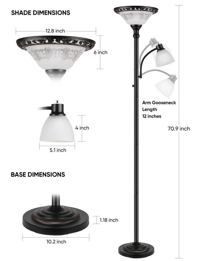 PARTPHONER Torchiere Floor Lamps for Living Room, 71" Tall Standing Lamp with Thick Glass Shade, Metal Pole & Heavy Base, Vintage Corner Lamp with Reading Light Home Decor for Bedroom Office, 3CCT Bulb Included - Image 3