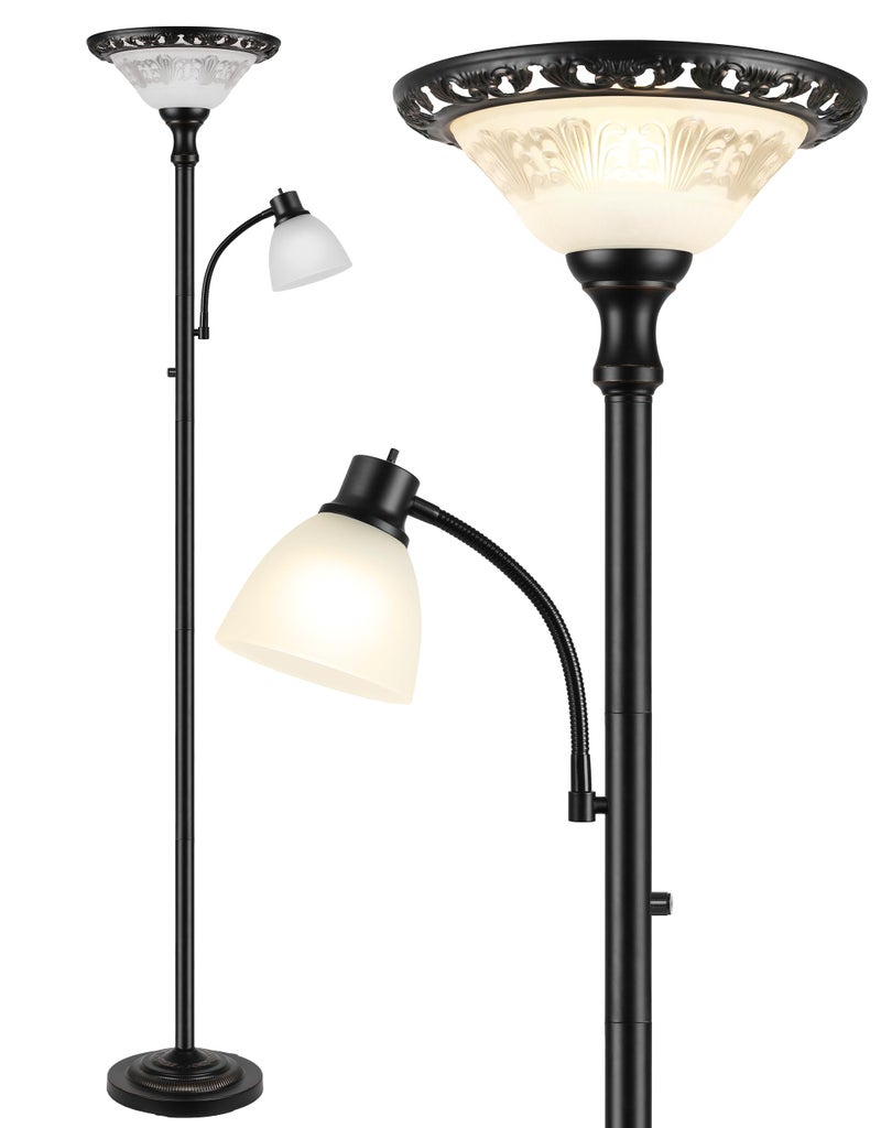 PARTPHONER Torchiere Floor Lamps for Living Room, 71" Tall Standing Lamp with Thick Glass Shade, Metal Pole & Heavy Base, Vintage Corner Lamp with Reading Light Home Decor for Bedroom Office, 3CCT Bulb Included - Image 1