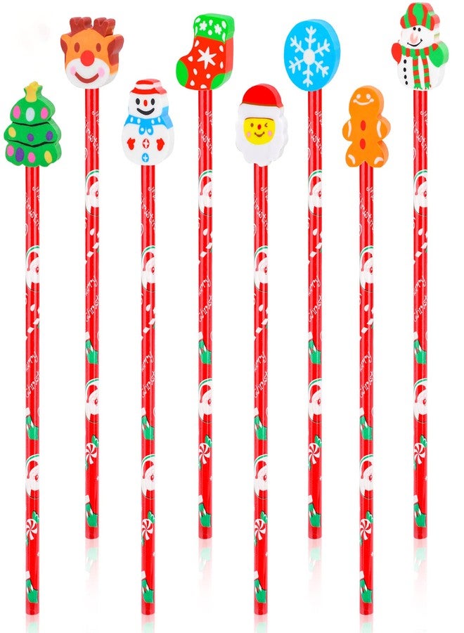 Qpout 16pcs Christmas Pencils Assortment with Giant Eraser Topper Decorated with Santa Christmas Tree for Christmas School Party Favor Supplies Accessories Goodie Bag Stocking Filler - Image 1