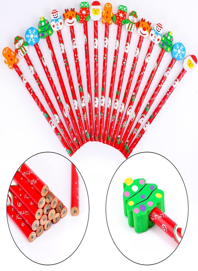 Qpout 16pcs Christmas Pencils Assortment with Giant Eraser Topper Decorated with Santa Christmas Tree for Christmas School Party Favor Supplies Accessories Goodie Bag Stocking Filler - Image 2