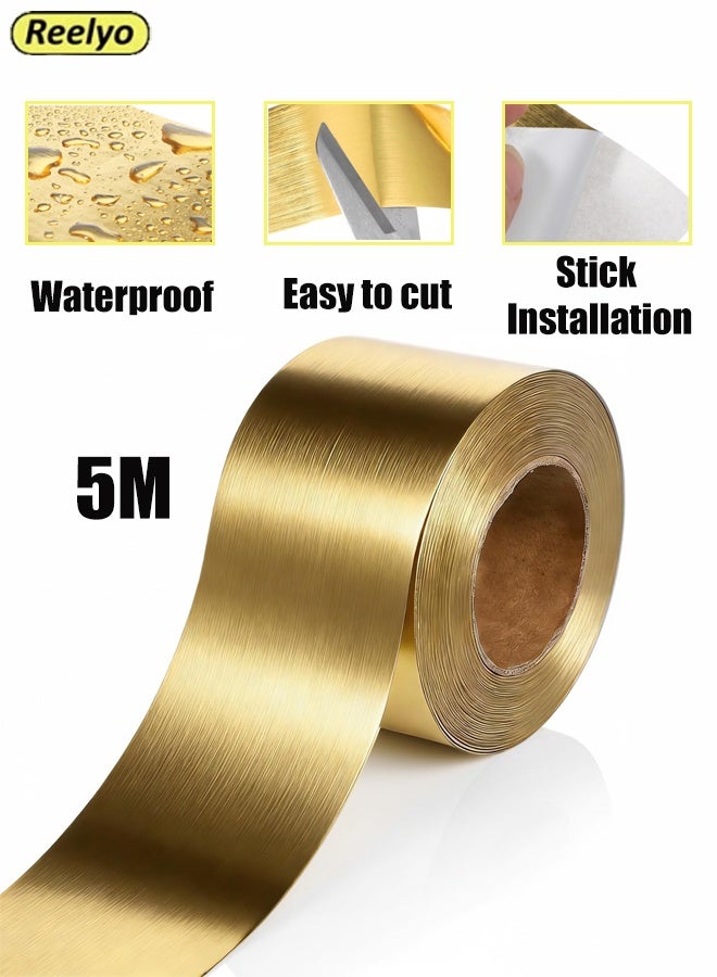 Reelyo 5m Brushed Gold Stickers, Self-Adhesive Wall Trim, Imitation Metal Border Trim Contact Paper, Self-Adhesive Peel and Stick Wallpaper, Waterproof Cleanable Wall Border Sticker for Door Window Frame Baseboard Cabinet Furniture Kitchen DIY Decor Shelf Liner Covering (10cm×5m) - Image 1