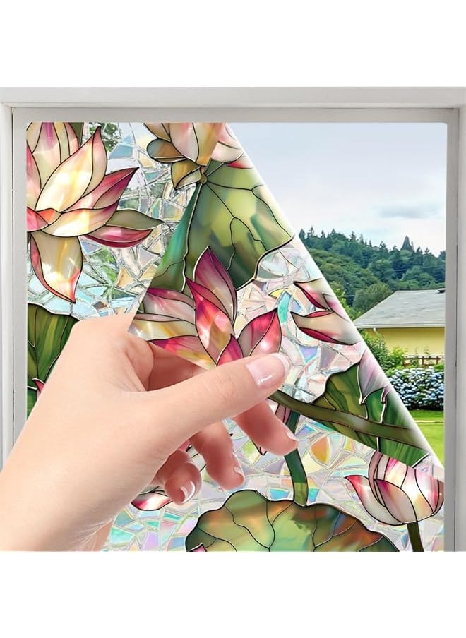 Double Sided Stained Glass Window Film Reusable Sun Blocking Static Cling Window Stickers Non Adhesive Removable Window Tint For Home 43X100Cm