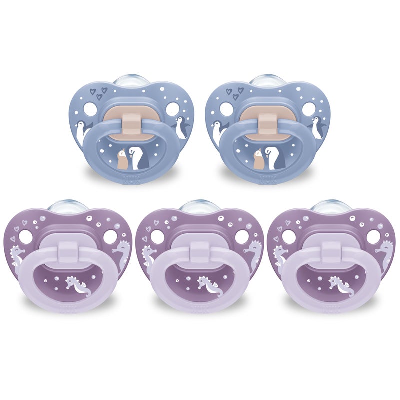 NUK First Choice Classic Orthodontic Pacifier, 6-18 Months Baby Pacifier, Purple & Blue, Baby Must Haves, 5-Pack - Image 1