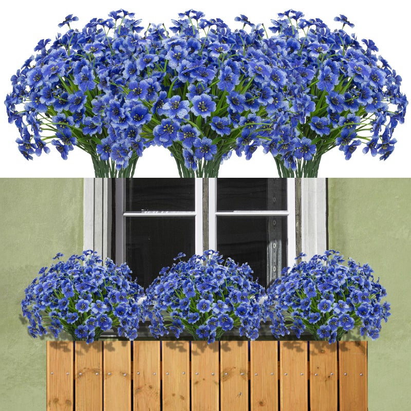 maoodoo 15 Bundles Artificial Flowers Outdoor UV Resistant Fake Silk Plants Plastic Faux Shrubs Outside Front Porch Window Box Garden Home Hanging Planter Decoration Blue