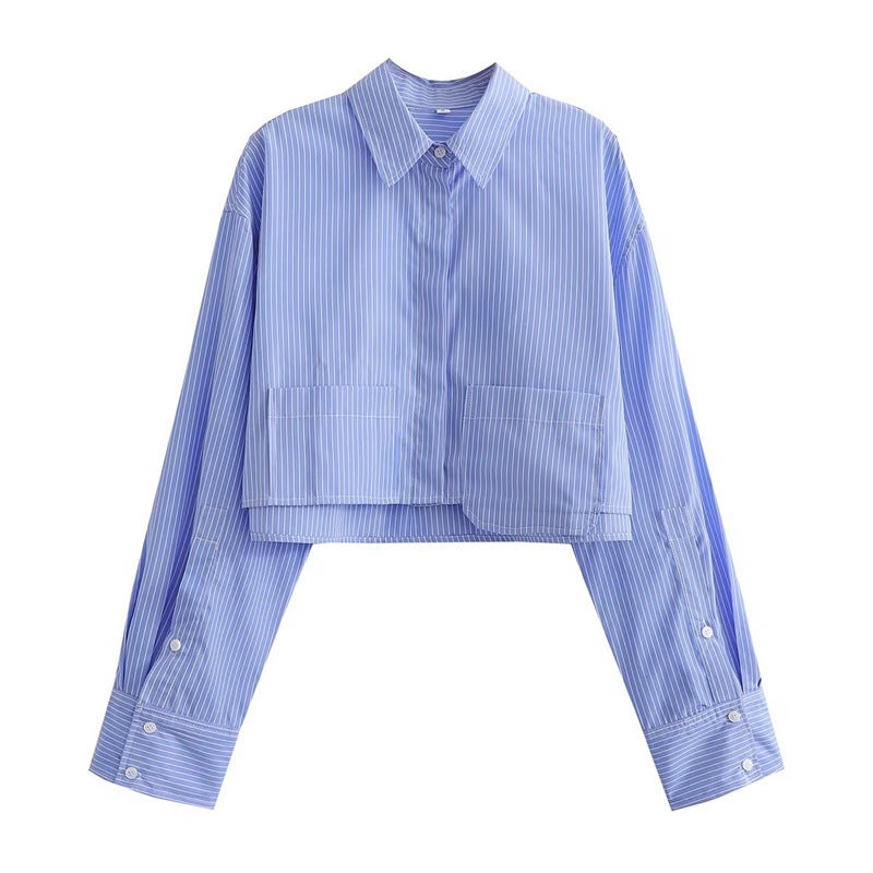 Foreign Trade Womens European and American Style Shirt 2023 Spring New Design Sense Short Pocket Solid Color Casual Navel Shirt White stripe - Image 2