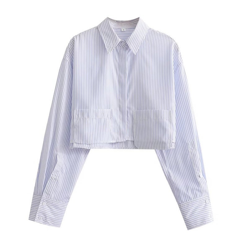 Foreign Trade Womens European and American Style Shirt 2023 Spring New Design Sense Short Pocket Solid Color Casual Navel Shirt White stripe - Image 1