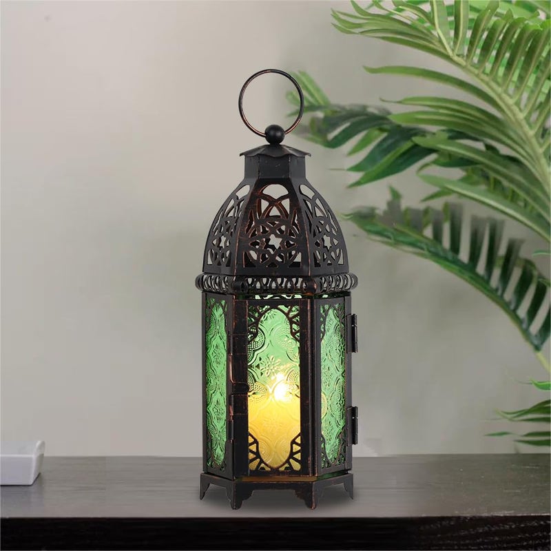NEEDOMO Hanging Moroccan Lantern, 11'' Vintage Candle Holder, Metal Lanterns Decorative Indoor Outdoor, Table, Patio, Porch, Shelf, Gothic Home Decor (Green, Medium Size) - Image 2