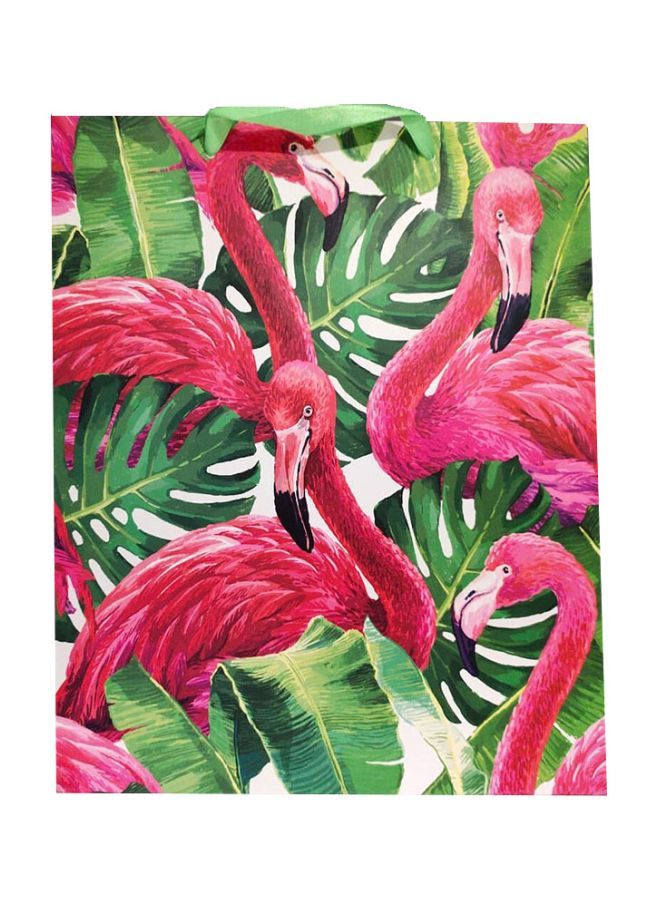 NIBEMINENT Flamingo Printed Gift Bag Green/Pink/White - Image 1