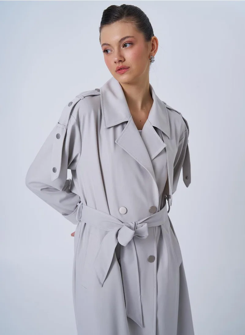 Kayra Notched Collar Belted Trench Coat in Gray