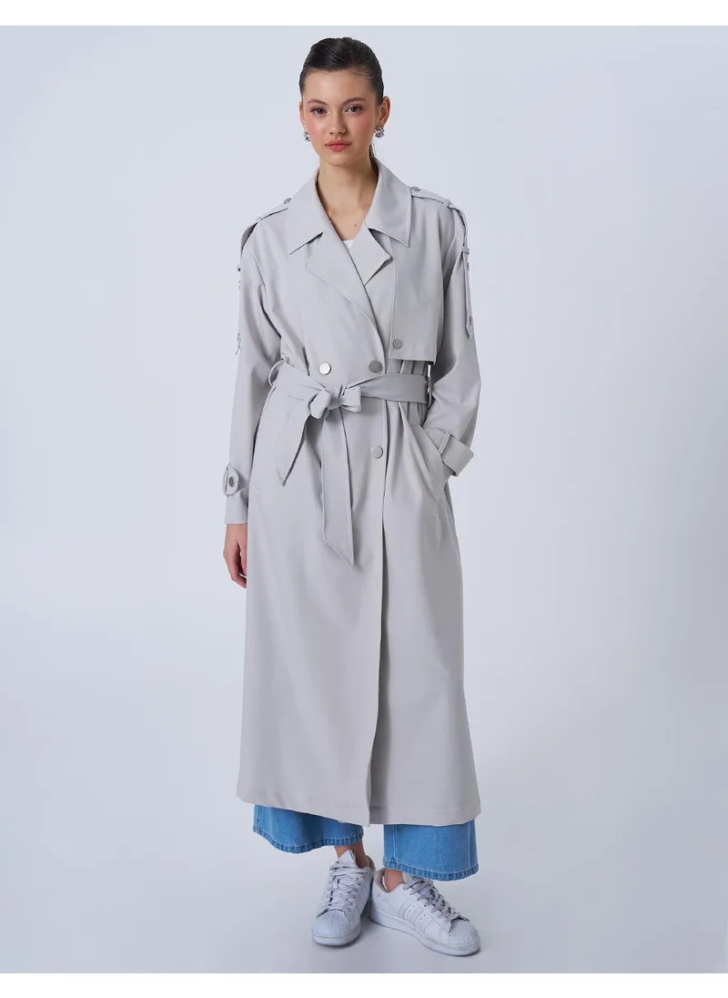Kayra Notched Collar Belted Trench Coat in Gray