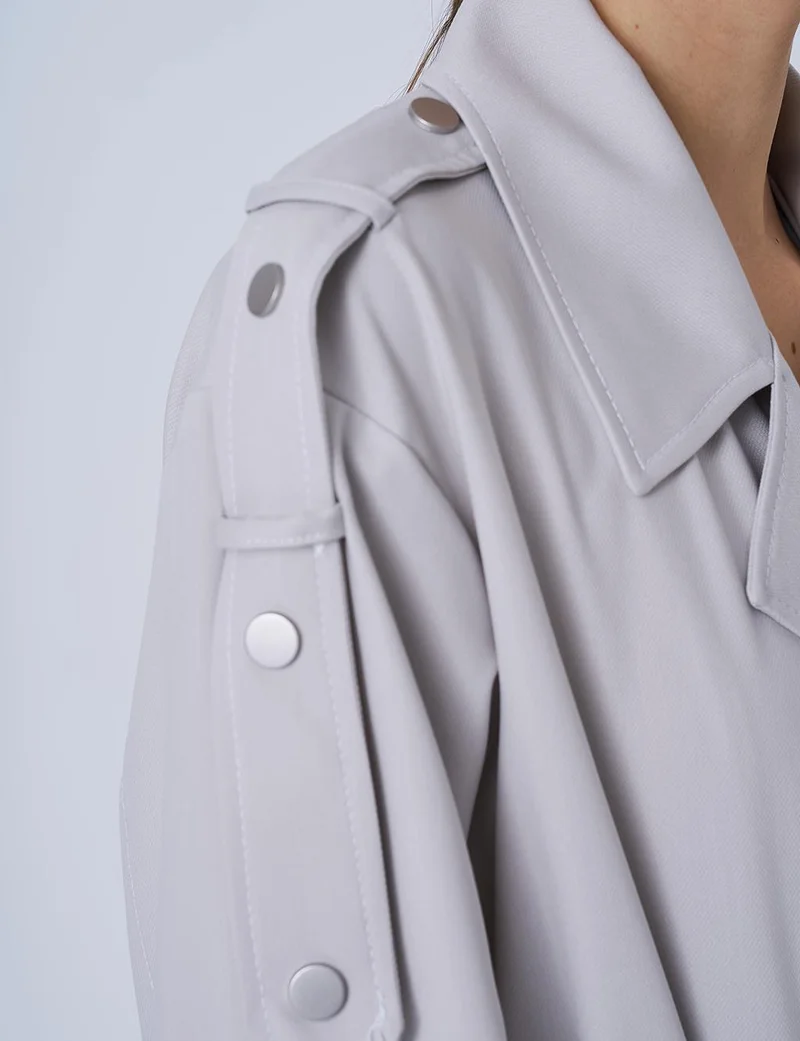 Kayra Notched Collar Belted Trench Coat in Gray