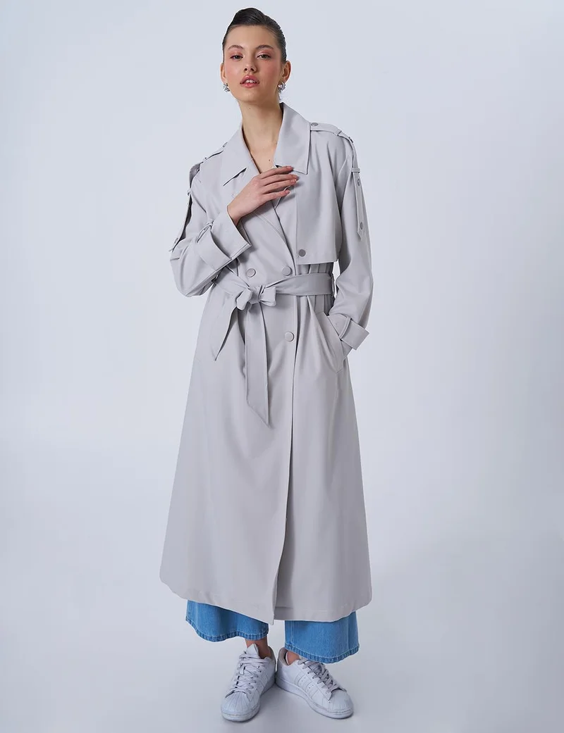 Kayra Notched Collar Belted Trench Coat in Gray