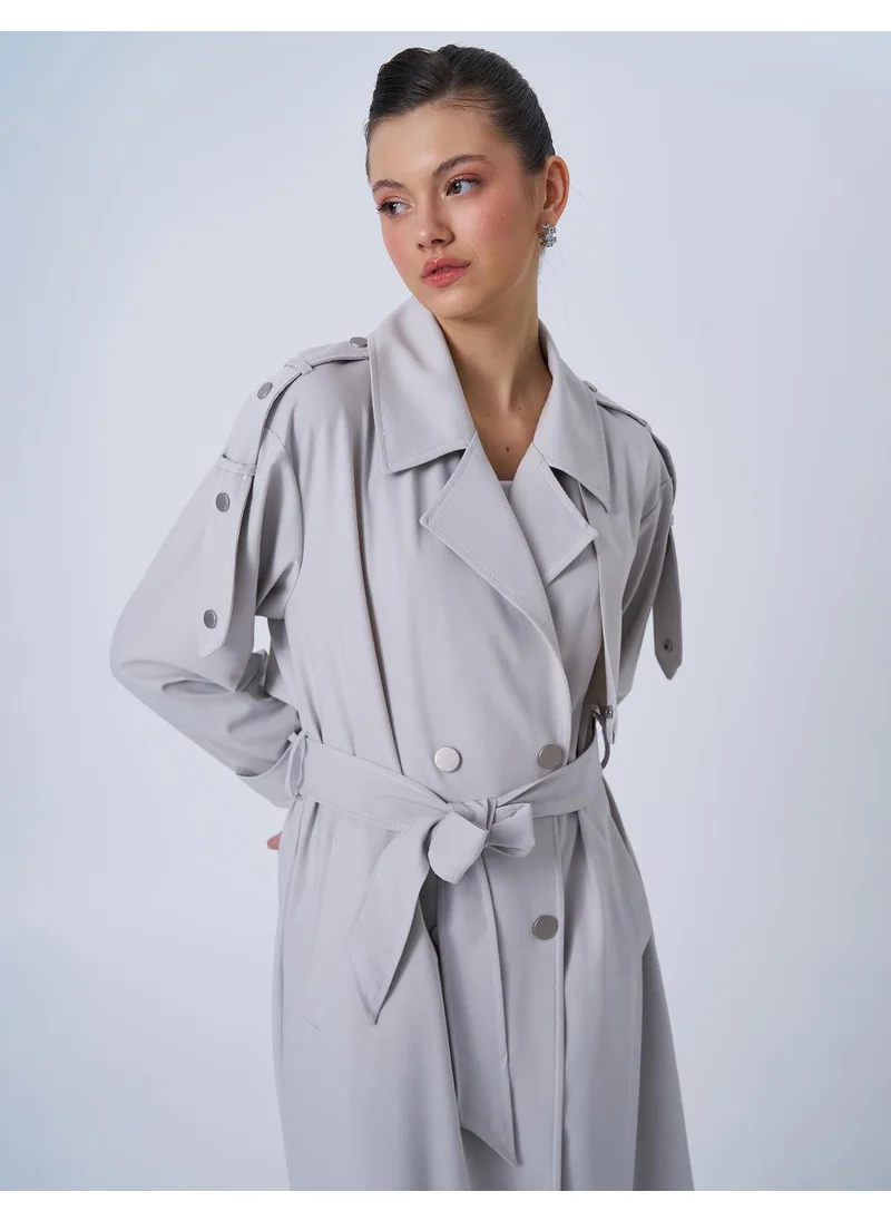 Kayra Notched Collar Belted Trench Coat in Gray