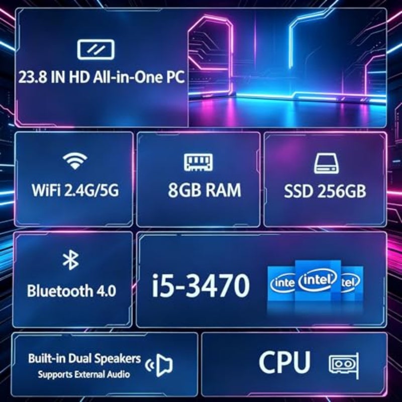 كمبيوتر الكل في واحد مقاس 23.8 بوصة مزود بكاميرا ويب، وشاشة FHD 1920x1080، ووحدة المعالجة المركزية CPU-i5 حتى 3.6 جيجا هرتز، وذاكرة وصول عشوائي DDR4 سعة 8 جيجابايت، ومحرك أقراص SSD سعة 256 جيجابايت، ونظام التشغيل Windows 11 Home مع لوحة مفاتيح وماوس سلكية HDMI WiFi 5/BT 4.0 - Image 2