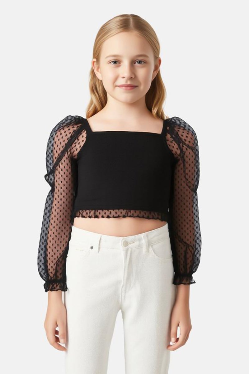 KOTON بلوزة قصيرة ذات أكمام طويلة ومكشوفة الكتفين للفتيات، سوداء - Image 1