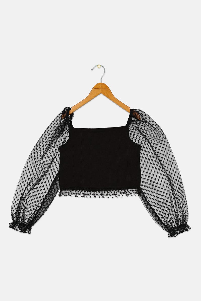 KOTON بلوزة قصيرة ذات أكمام طويلة ومكشوفة الكتفين للفتيات، سوداء - Image 2