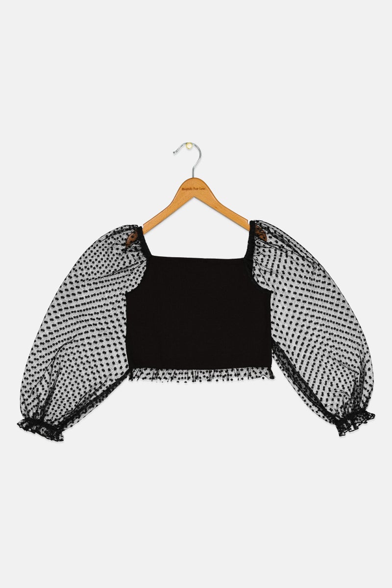 KOTON بلوزة قصيرة ذات أكمام طويلة ومكشوفة الكتفين للفتيات، سوداء - Image 3