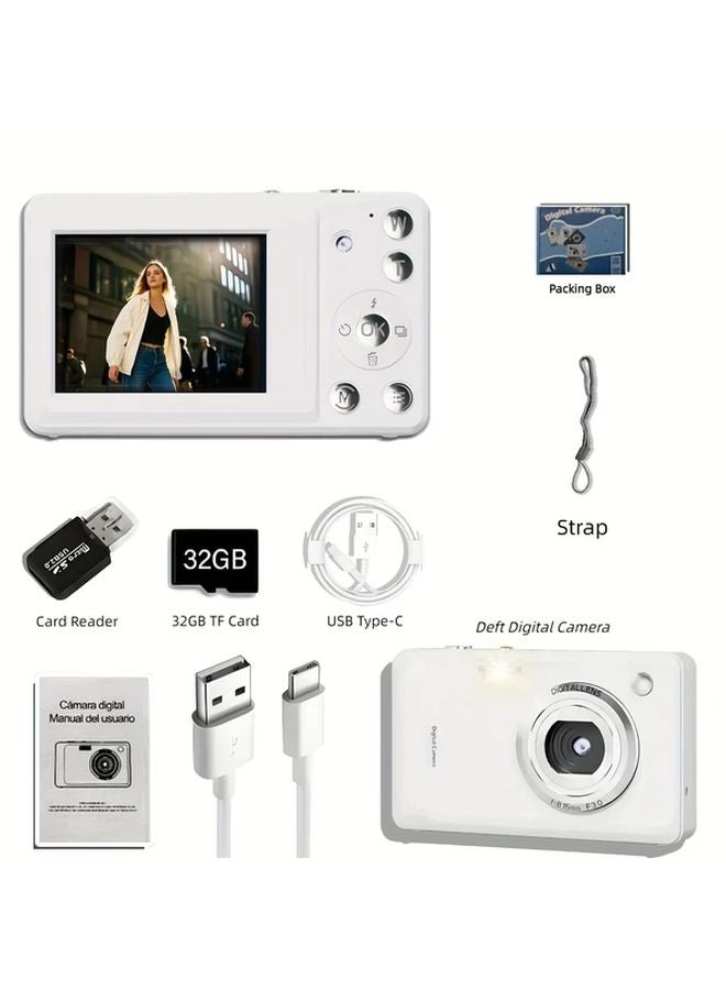 White Digital Camera 1080P HD Vlogging Anti Shake Rechargeable 32G TF Card USB Type C - Image 1