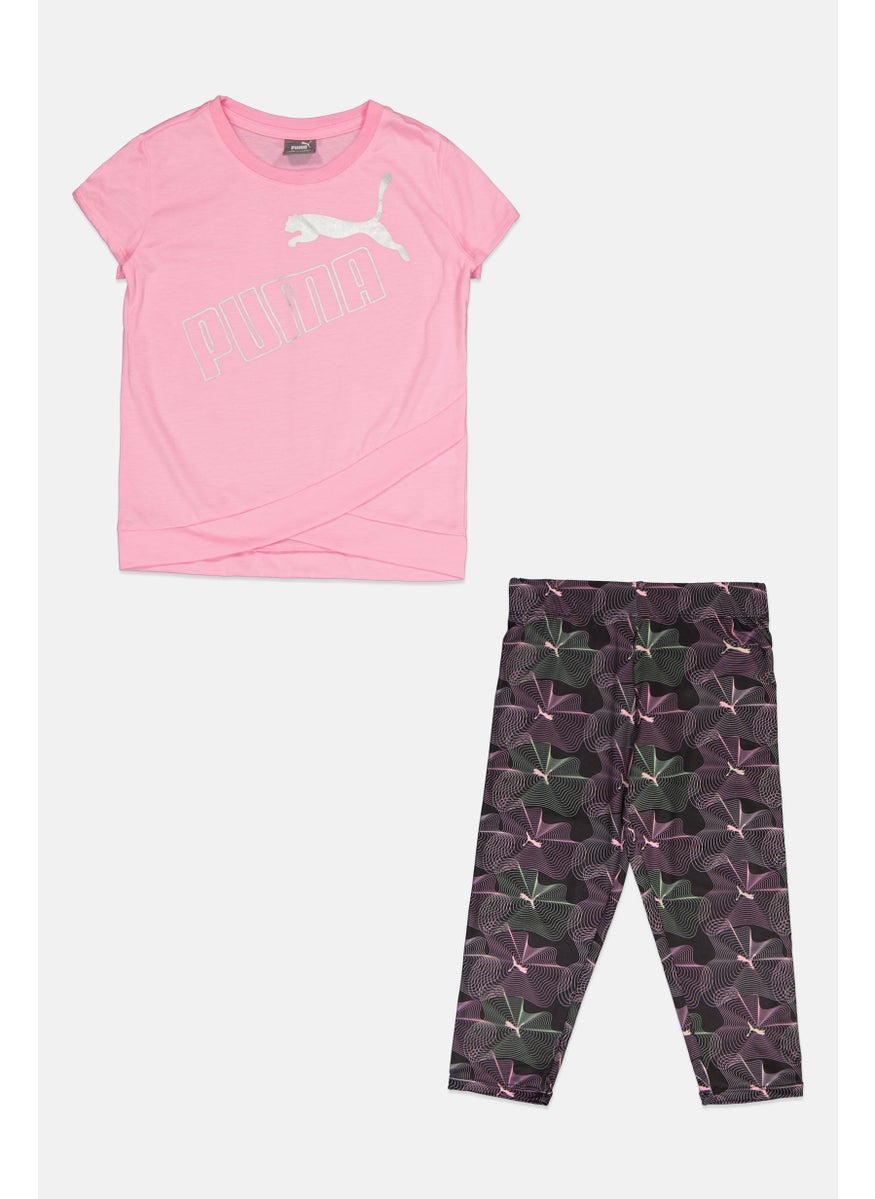 PUMA Kids Girl 2Pcs Brand Logo Top And Leggings Outdoor Set, Pink/Black  - Image 1