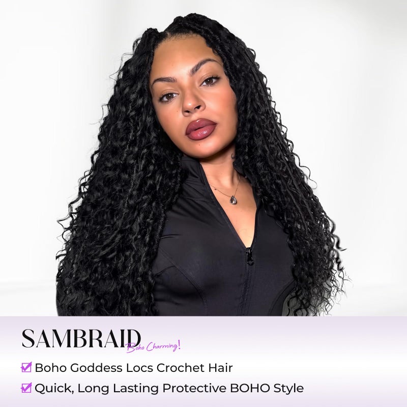 SAMBRAID Boho Goddess Locs Crochet Hair: 8 Packs Pre Looped Bohemian Faux Locs Crochet Hair Extensions for Black Women, 24 Inch with 3 Curls (24 Inch, 1B#, 8 Packs) - Image 3