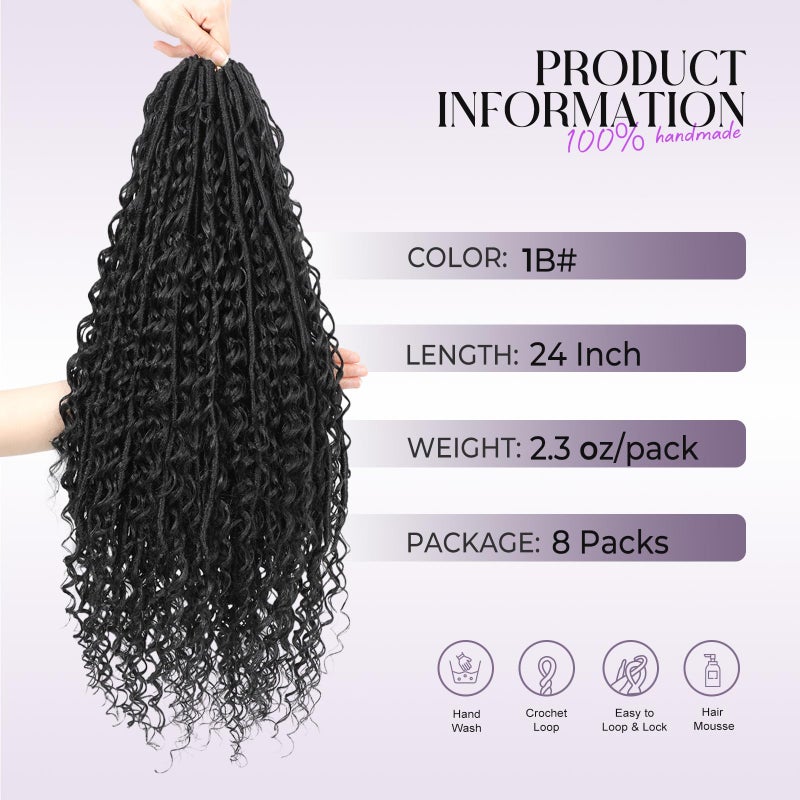 SAMBRAID Boho Goddess Locs Crochet Hair: 8 Packs Pre Looped Bohemian Faux Locs Crochet Hair Extensions for Black Women, 24 Inch with 3 Curls (24 Inch, 1B#, 8 Packs) - Image 5
