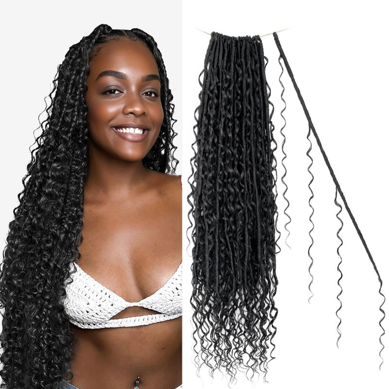 SAMBRAID Boho Goddess Locs Crochet Hair: 8 Packs Pre Looped Bohemian Faux Locs Crochet Hair Extensions for Black Women, 24 Inch with 3 Curls (24 Inch, 1B#, 8 Packs) - Image 1